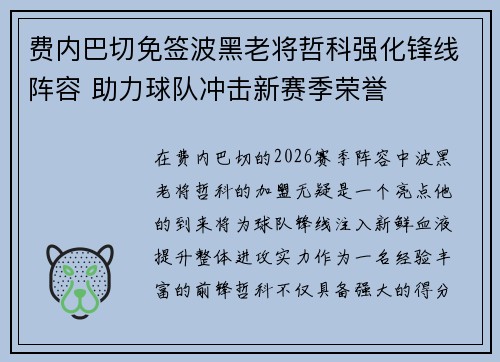 费内巴切免签波黑老将哲科强化锋线阵容 助力球队冲击新赛季荣誉